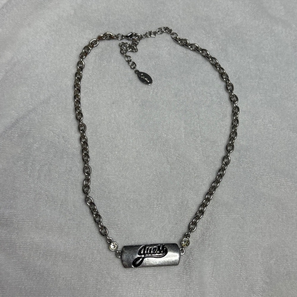 Guess Silver Tone Chain Rhinestone Accent‎ Logo Charm Adjustable Necklace